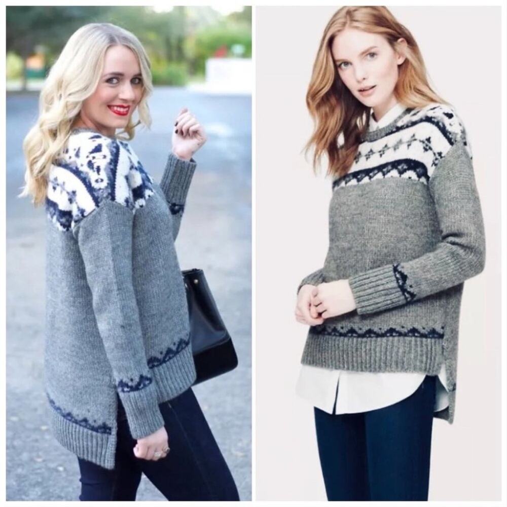 Ann Taylor Loft Fair Isle Sweater Chunky Knit Wool Grey Blue XS Preppy Fall
